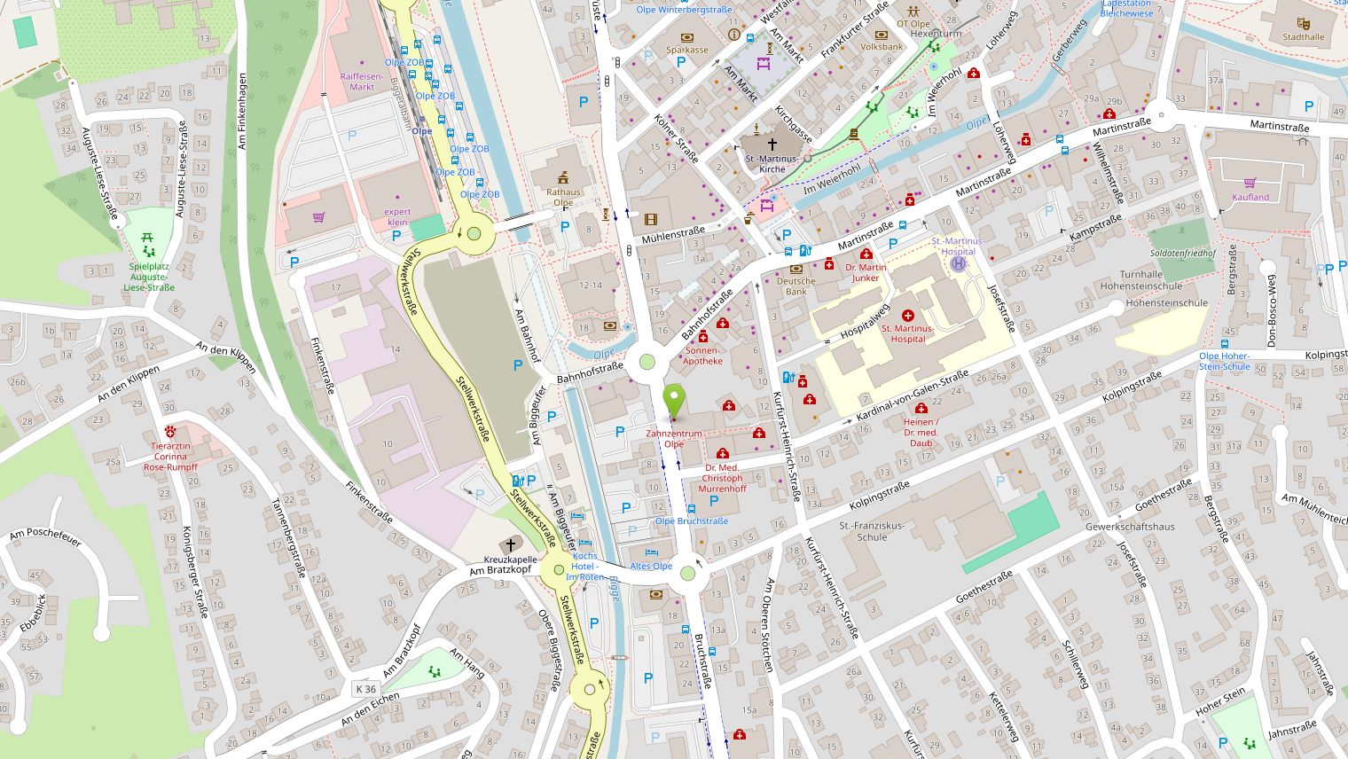 Karte mit dem Standort des Zahnzentrums Olpe, Bruchstraße 1–3 in 57462 Olpe